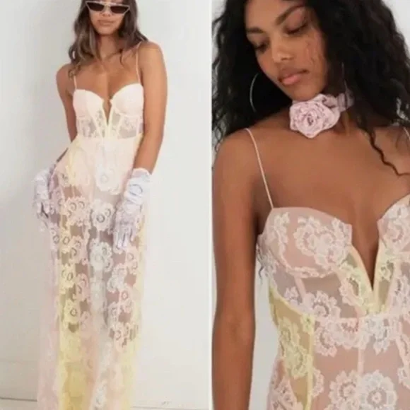 For Love And Lemons Pastel Floral Lace Chemise - Picture 2 of 8